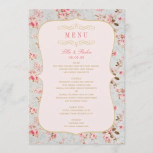 Vintage Pink Gold Floral Garden Party Wedding Menu