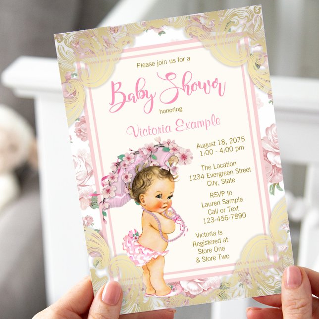Vintage Pink Gold Rose Baby Shower Invitation (Creator Uploaded)