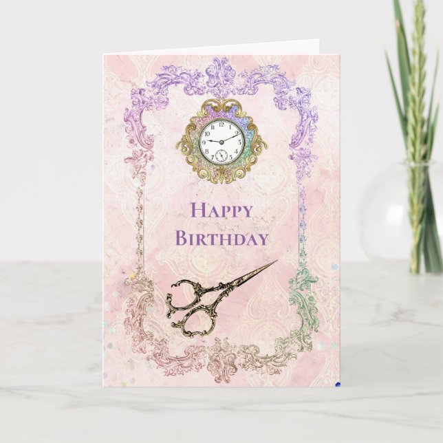 Vintage Pink Gold Scissors Glam Birthday Card (Front)