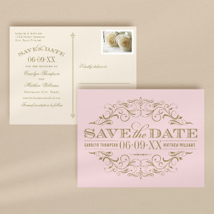 Vintage Pink Gold Scrollwork Save the Date Announcement Postcard