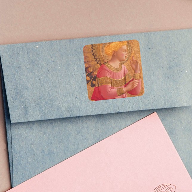 Vintage Pink Golden Christian Angel Square Sticker (Holy Christian angel figure golden halo pink dress on square stickers.)