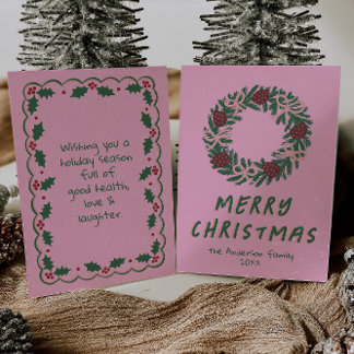 Vintage Pink Green Bows Wreath Christmas Non-Photo Holiday Card