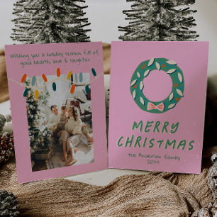 Vintage Pink Green Colourful Funk Wreath Christmas Holiday Card