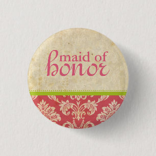 Vintage Pink Green Damask Maid of Honour Button