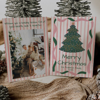 Vintage Pink Green Hand Drawn Christmas Tree Fun Holiday Card