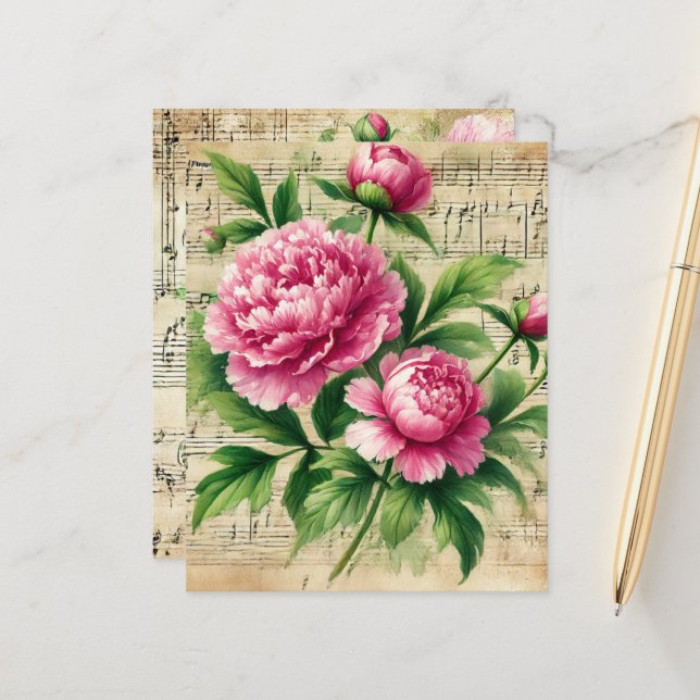 Vintage Pink & Green Peonies Sheet Music Scrapbook (Front/Back In Situ)