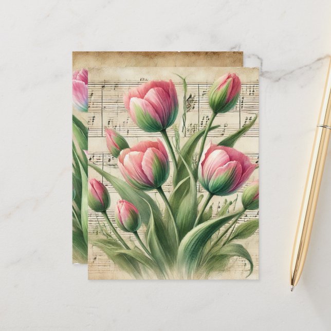 Vintage Pink & Green Tulips Sheet Music Scrapbook (Front/Back In Situ)