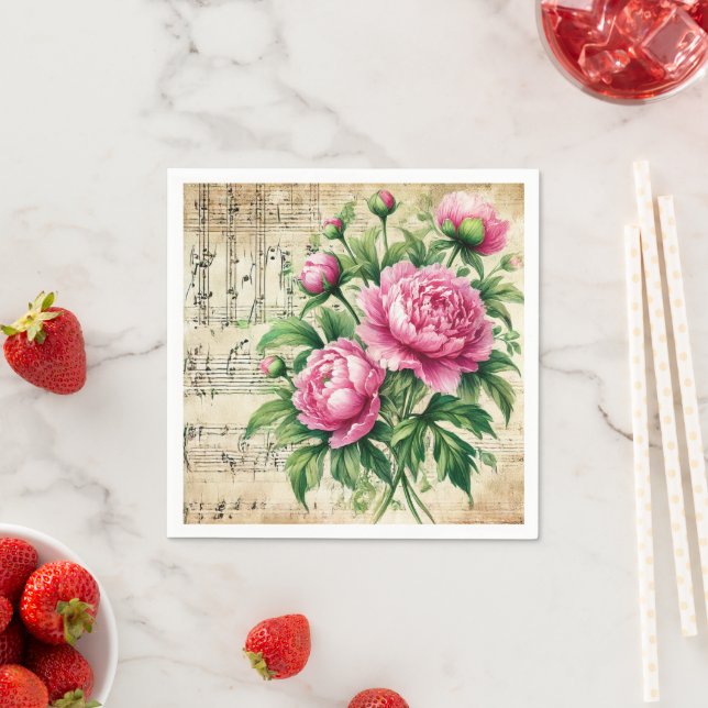 Vintage Pink & Green Watercolour Peonies Découpage Napkin (Insitu)