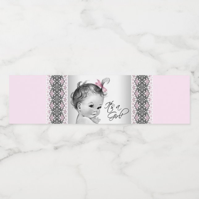 Vintage Pink Grey Baby Girl Water Bottle Labels (Single Label)