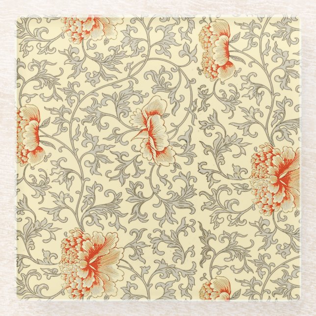 Vintage Pink Grey Botanical Floral Glass Coaster (Front)