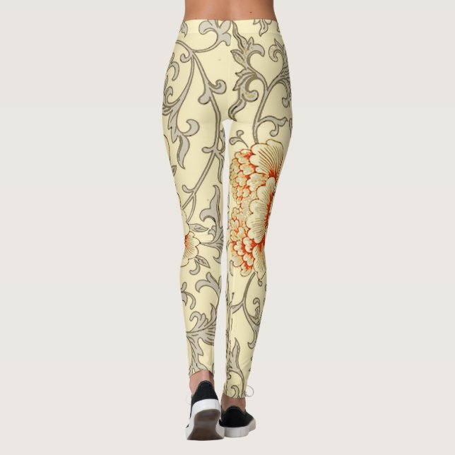 Vintage Pink Grey Botanical Floral Leggings (Back)