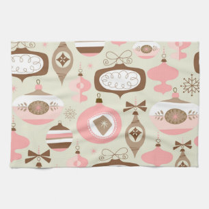 Vintage Pink & Grey Christmas Ornaments Tea Towel