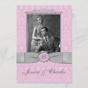 Vintage Pink, Grey Damask Scrolls Photo Wedding Invitation