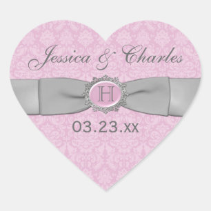 Vintage Pink, Grey Damask Wedding Favour Sticker