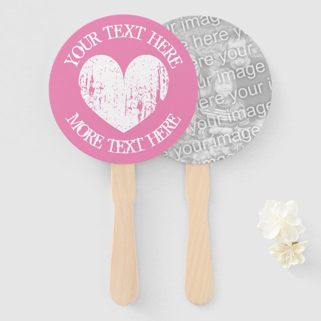 Vintage pink heart wedding party photo hand fans (Front and Back)