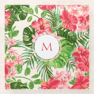 Vintage Pink Hibiscus Flower Monogram Glass C Coaster