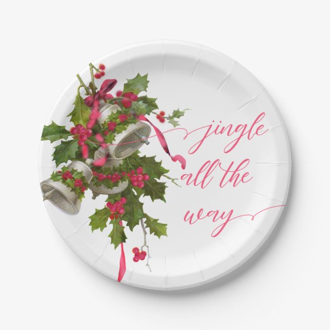 Vintage Pink Holly and Silver Bells Paper Plate (Front)