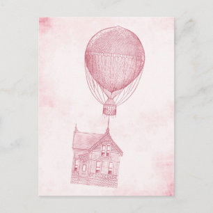 Vintage Pink Hot Air Balloon Moving Cottage Postcard