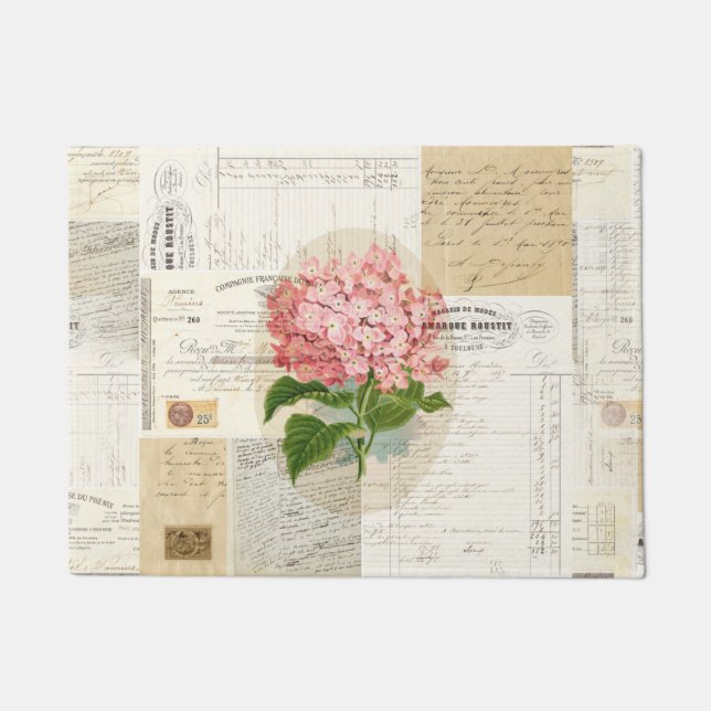 Vintage Pink Hydrangea French Ephemera Doormat (Front)