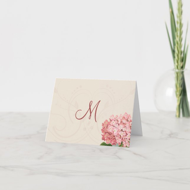 Vintage Pink Hydrangea Monogram Note Cards (Front)