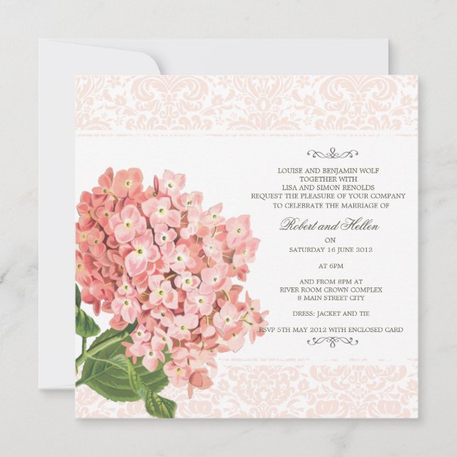 Vintage Pink Hydrangea Wedding Invitation (Front)