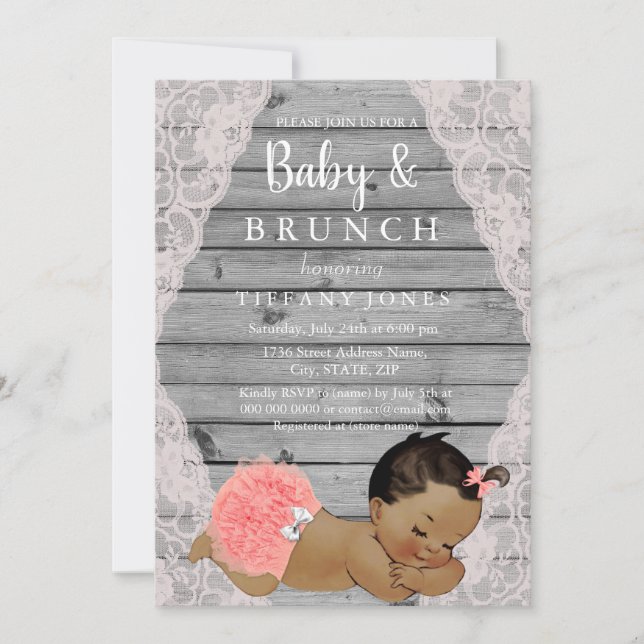 Vintage Pink Lace Rustic Ethnic Baby Brunch Invite (Front)