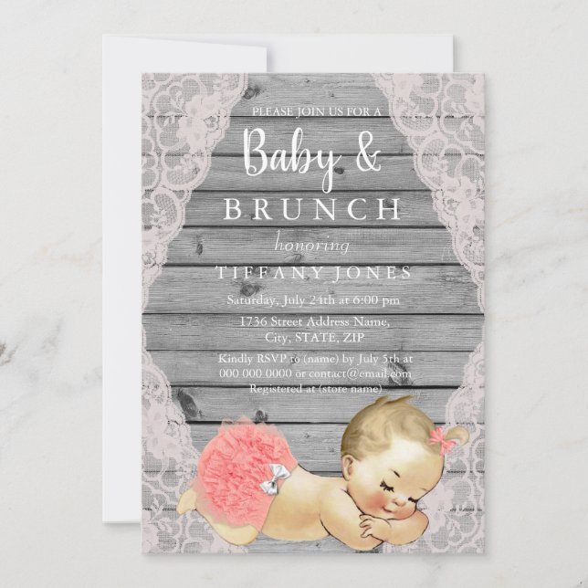 Vintage Pink Lace Rustic Grey Baby & Brunch Invite (Front)