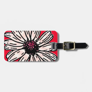 Vintage pink large daisy flower on crimson red luggage tag