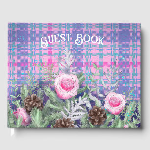 Vintage Pink Lavender Plaid Pattern Roses Floral Guest Book