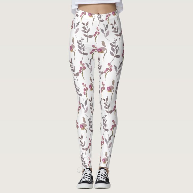 VINTAGE PINK LEAVES  LEGGINGS (Front)