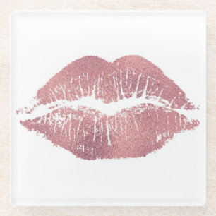Vintage pink lip imprint, rose gold. glass coaster