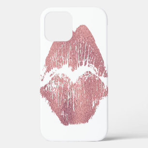 Vintage pink lip imprint, rose gold. iPhone 12 case
