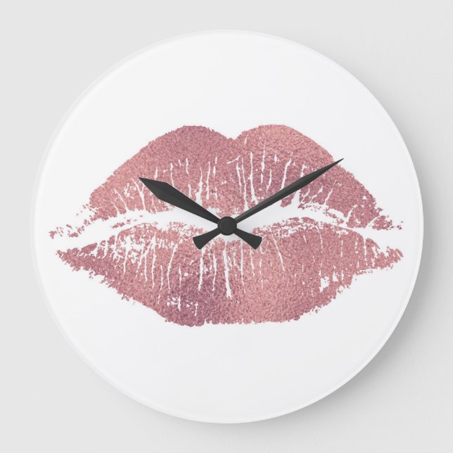 Vintage pink lip imprint, rose gold. large clock (Front)