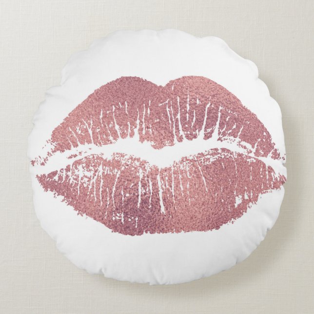 Vintage pink lip imprint, rose gold. round cushion (Front)