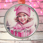 Vintage Pink Little Girl Christmas Joyeux Noël Metal Tree Decoration<br><div class="desc">Pretty little vintage girl holding a pink gift box retro nostalgic vibe Christmas ornament for those who like an old-fashioned Christmas. Joyeux Noël.</div>