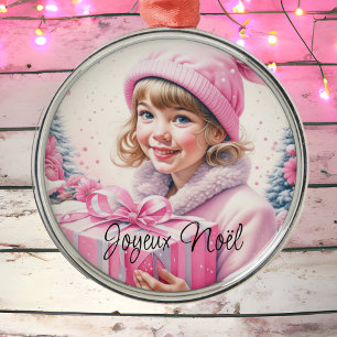 Vintage Pink Little Girl Christmas Joyeux Noël Metal Tree Decoration