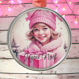 Vintage Pink Little Girl Christmas Joyeux Noël Metal Tree Decoration