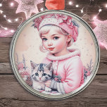 Vintage Pink Little Girl Christmas Metal Tree Decoration<br><div class="desc">Pretty little vintage girl holding a little grey striped kitten  retro nostalgic vibe Christmas ornament for those who like an old-fashioned Christmas.</div>