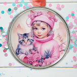 Vintage Pink Little Girl Christmas Metal Tree Decoration<br><div class="desc">Pretty little vintage girl holding a little grey kitten wearing cat ears hat retro nostalgic vibe Christmas ornament for those who like an old-fashioned Christmas.</div>