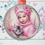Vintage Pink Little Girl Christmas Metal Tree Decoration<br><div class="desc">Pretty little vintage girl holding a little grey kitten  retro nostalgic vibe Christmas ornament for those who like an old-fashioned Christmas.</div>