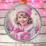Vintage Pink Little Girl Christmas   Metal Tree Decoration<br><div class="desc">Pretty little vintage girl in winter hat holding a pink gift box retro nostalgic vibe Christmas ornament for those who like an old-fashioned Christmas.</div>