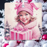 Vintage Pink Little Girl Christmas Personalised Metal Tree Decoration<br><div class="desc">Pretty little vintage girl holding a pink gift box retro nostalgic vibe Christmas ornament for those who like an old-fashioned Christmas.</div>