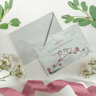 Vintage Pink Love Bird Cherry Blossom Wedding Invitation
