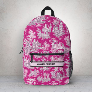 Vintage Pink Magenta Floral Toile de Jouy Monogram Printed Backpack