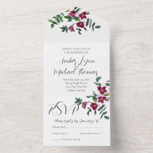 Vintage pink magenta watercolor roses  all in one invitation
