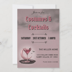 Vintage Pink Martini&Crescent Moon Halloween Party Invitation