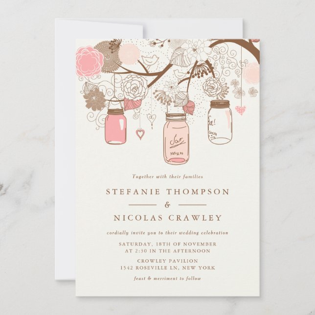Vintage Pink Mason Jars Floral Wedding Invitation (Front)