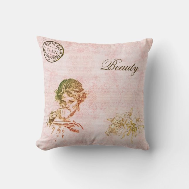 Vintage Pink Modern Elegant Flowers Girl Coffee Cushion (Front)