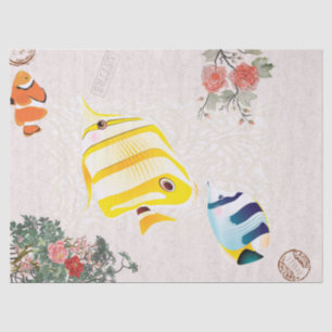 Vintage pink modern flowers and fish tissue paper