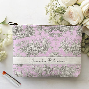 Vintage Pink Monogram Toile de Jouy Lake Floral Accessory Pouch